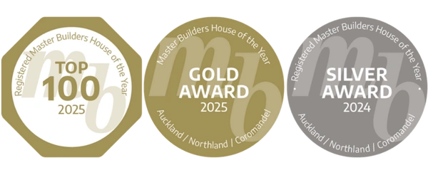 Three award badges: a gold hexagon Top 100 badge, a gold circular award badge, and a silver circular award badge.